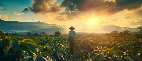 In an outdoor coffee field, a farmer is working at sunset... - obrazy, fototapety, plakaty