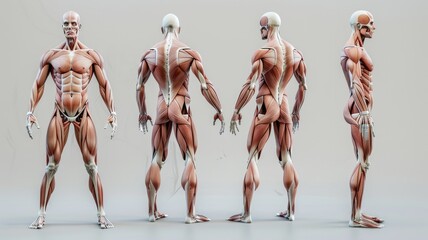 Anatomical illustration of human muscle system - Detailed 3D graphic of human anatomy showing the muscular system from various angles on a neutral background - obrazy, fototapety, plakaty