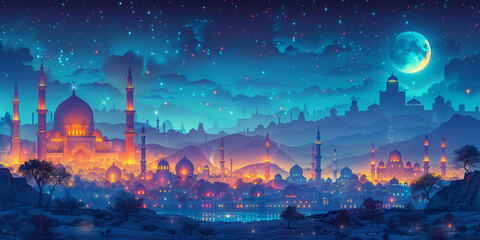 Illustration of night landscape with Islamic city skyline with mosque and minarets.