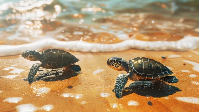 Baby Turtles on a Sandy Beach in Sunlight - Close-up image capturing baby turtles on their first journey to the sea under golden sunlight