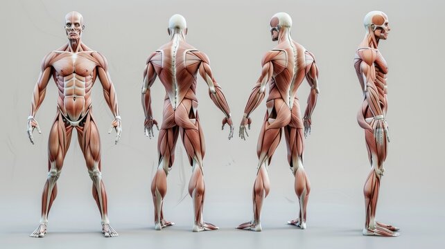 Anatomical illustration of human muscle system - Detailed 3D graphic of human anatomy showing the muscular system from various angles on a neutral background