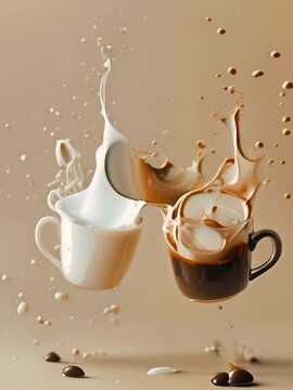 Two cups of coffee and milk splashing in mid air against a beige background.