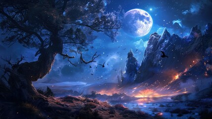 Majestic Moonlight over Mountainous Landscape - Stunning artwork depicting a moonlit scenery with rugged mountains, fireflies, and a serene river