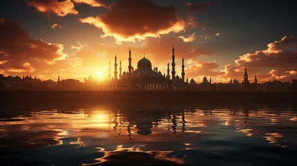 Naklejka premium Mosque silhouette against a sunset sky, symbolizing Eid al-Adha's spiritual significance.
