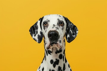 studio headshot portrait of Dalmatian dog looking forward against a yellow background . photo on white isolated background