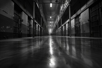 Eerie Perspective of a Dark Prison Hallway - obrazy, fototapety, plakaty