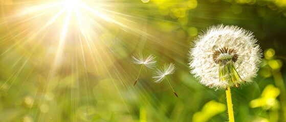 On a fresh green morning background, dandelion seeds are blowing away in the sunlight