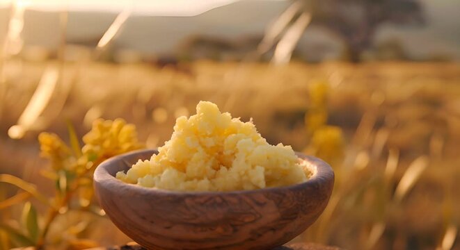 Shea butter in a wooden bowl against the backdrop of the African savannah