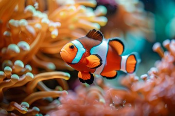 Fototapeta na wymiar Bold Clownfish Amidst Anemone Tentacles