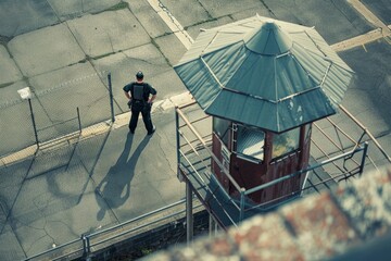 Overhead View of Security Guard Patrolling Near Tower - obrazy, fototapety, plakaty