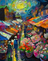Painting of a flower market