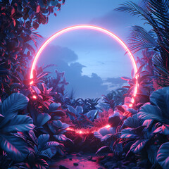 Glowing neon circle light in tropical forest