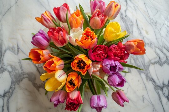 Vibrant Tulip Bouquet on Marble Background Flat Lay