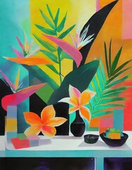 tropical flowers and palm leaves