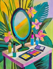 flowers and makeup on a vanity table