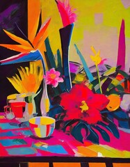 Table with cases and flowers 