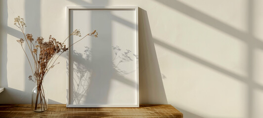 Minimalist interior design with frame and dried flowers