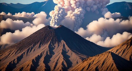 A volcano with smoke coming out of it. - obrazy, fototapety, plakaty