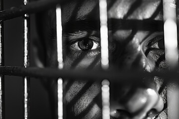 Imprisoned Individual's Eye Looking Through Cell Bars