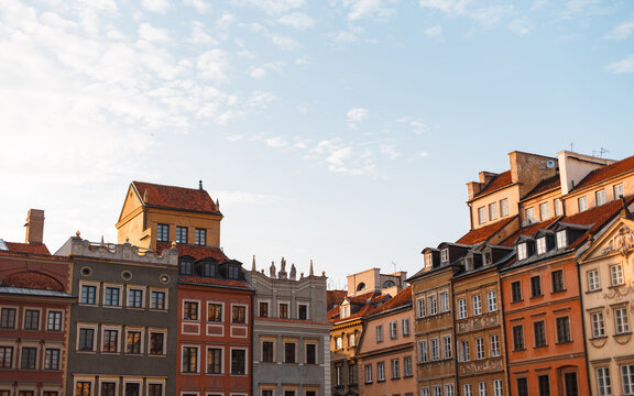 Vintage old buildings with roofs in the old town in Warsaw