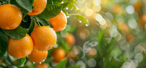 Sunlit ripe oranges with water droplets