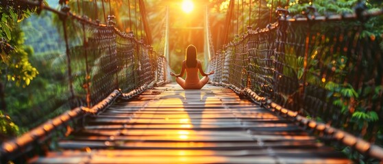 Yoga woman lifestyle balance practicing meditate and energy yoga on the bridge in the morning and...