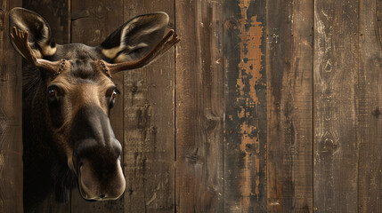 moose peeks from behind a shabby wooden corner, against a solid background with copy space