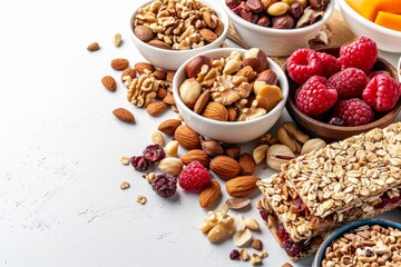 Various healthy snacks like nuts, fruits, and granola bars . photo on white isolated background...