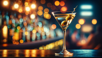A classic martini in a stemmed glass with a vibrant ambiance. The cocktail has a golden hue with two olives on a toothpick inside the drink