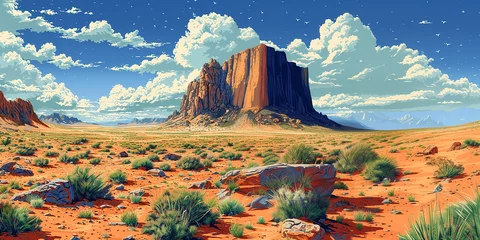 Photo sur Plexiglas Orange Wide format illustration painting of a beautiful desert landscape with mountains
