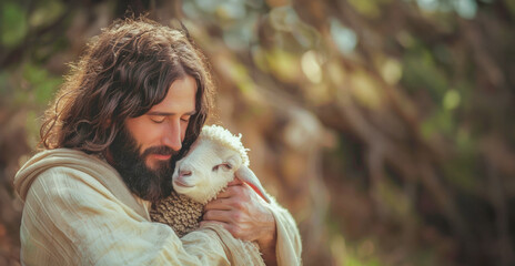 Compassionate shepherd embracing lamb in natural setting