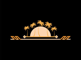 Art deco palm trees in line art style in gold color. Tropical palm trees against the background of the sun with space for text. Golden silhouettes of palm trees. Vector illustration