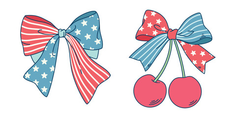 Cherry and ribbon illustration. Coquette cherries with ribbon bow. This illustration has an American Independence Day theme. - obrazy, fototapety, plakaty