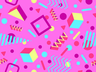 Geometric seamless pattern with 3D shapes in the style of the 80s and 90s. Isometric 3D shapes in Memphis style. Design of promotional products, wrapping paper and printing. Vector illustration