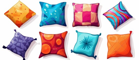 Assortment of vibrant pillows and cushions displayed against a clean white backdrop