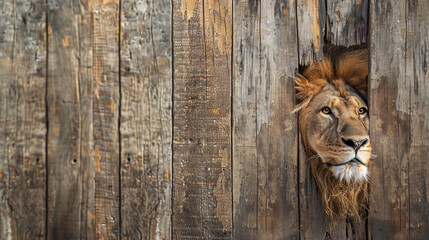 lion peeks from behind a shabby wooden corner, against a solid background with copy space