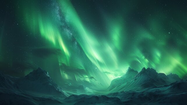 Beautiful northern lights against the backdrop of natural landscapes and mountains. Mesmerizing night sky. Northern latitudes.