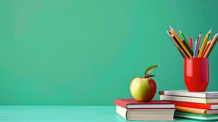 Back to School Concept with Books, Apple, and Pencils on a Desk. Bright and Simple Educational Background for Students and Teachers. AI