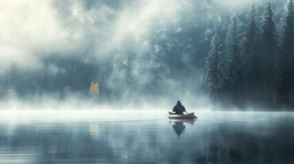 A man paddling a canoe on a foggy calm lake. Leisure. Hobby. - obrazy, fototapety, plakaty