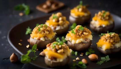 A close-up of stuffed mushrooms on a plate with cheese, bread crumbs, and nuts, with a dark stone background.