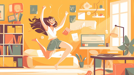 Mulher dançando em seu quarto com cores amarelo - Ilustração - obrazy, fototapety, plakaty