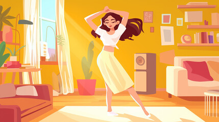 Fototapeta na wymiar Mulher dançando em seu quarto com cores amarelo - Ilustração