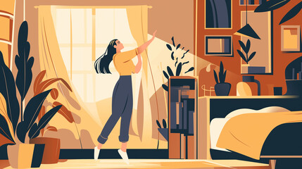 Mulher dançando em seu quarto com cores amarelo - Ilustração - obrazy, fototapety, plakaty