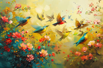 Flying hummingbirds in a garden - oil painting
