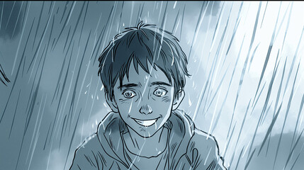 Esboço de um garoto sorrindo na chuva - Desenho