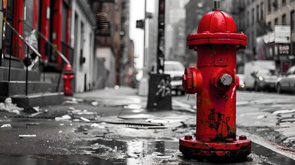Fototapeta na wymiar Vibrant red fire hydrant on a desolate urban street, selective color technique, city life concept. Artistic urban photography for design use. AI