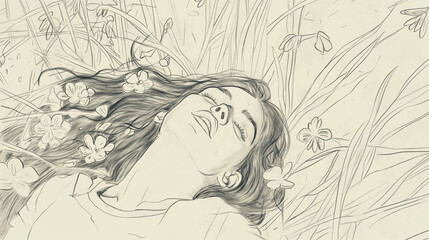 Esboço mulher deitada na grama cercada por flores - Desenho