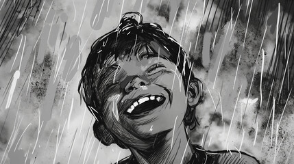 Esboço de um garoto sorrindo na chuva - Desenho