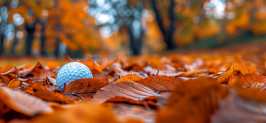 Close-up of a golf ball on a wet autumn morning