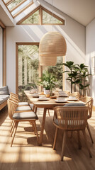 Fototapeta premium A dining room with Scandinavian design elements with light wood furniture.